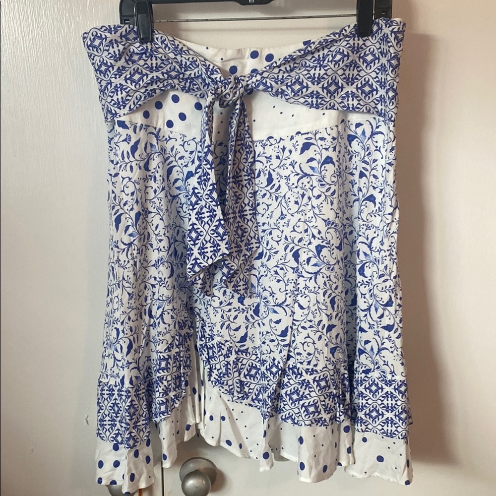 Maeve by Anthropologie Blue and White A-Line Skirt with Ruffle trim accent
